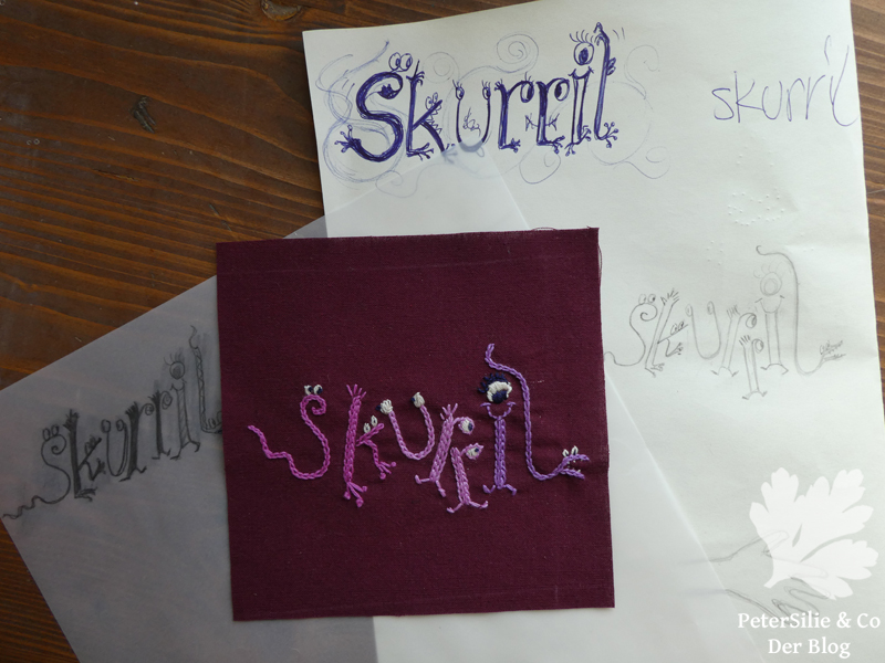 Skurril Schrift Stickerei skizzen